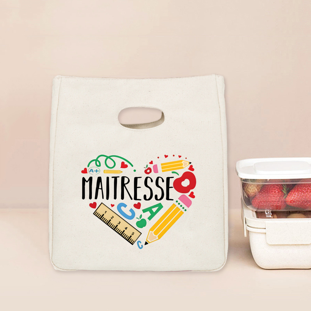 Merci Maitresse Maitre French Printed Lunch Bag Insulated Cooler Bento Tote Thermal Food Bags Teacher's Day for Teachers: PURPLE