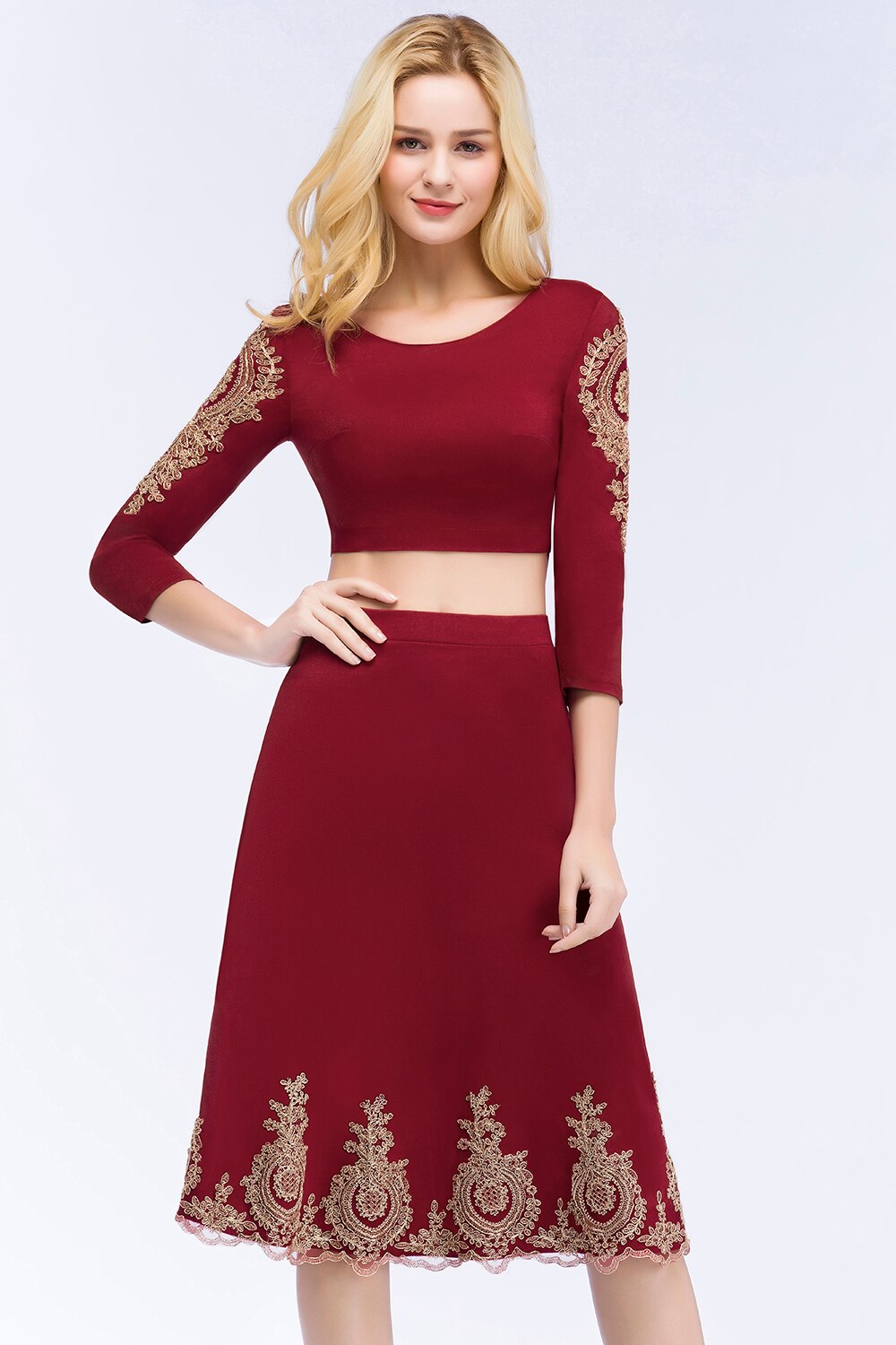 Babyonline Two Piece Burgundy Lace Short Evening Dress Robe de Soiree Courte Evening Gowns Vestido de Festa