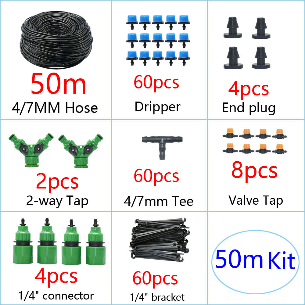 DIY Drip Irrigation System Automatic Watering Garden Irrigation Micro Drip Watering Kits with 8 Holes Drippers Sprinklers: 50M Kit