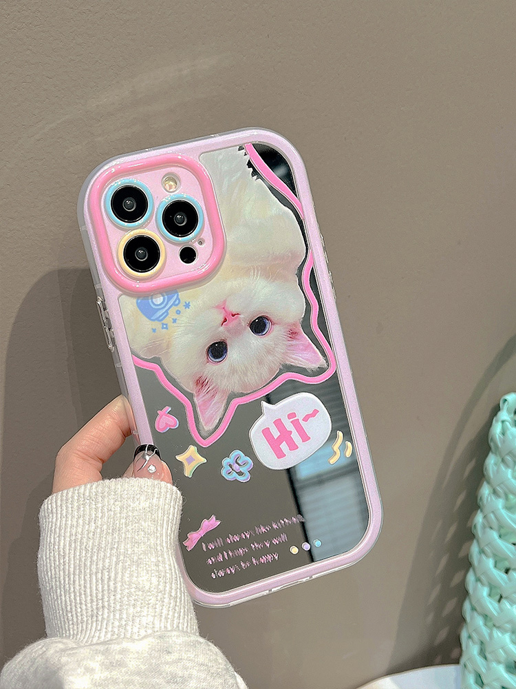 Preciosa funda con espejo de maquillaje de gato blanco para iPhone 14 Pro Max 16 15 13 11 12 parachoques de silicona bonita contraportada Capa