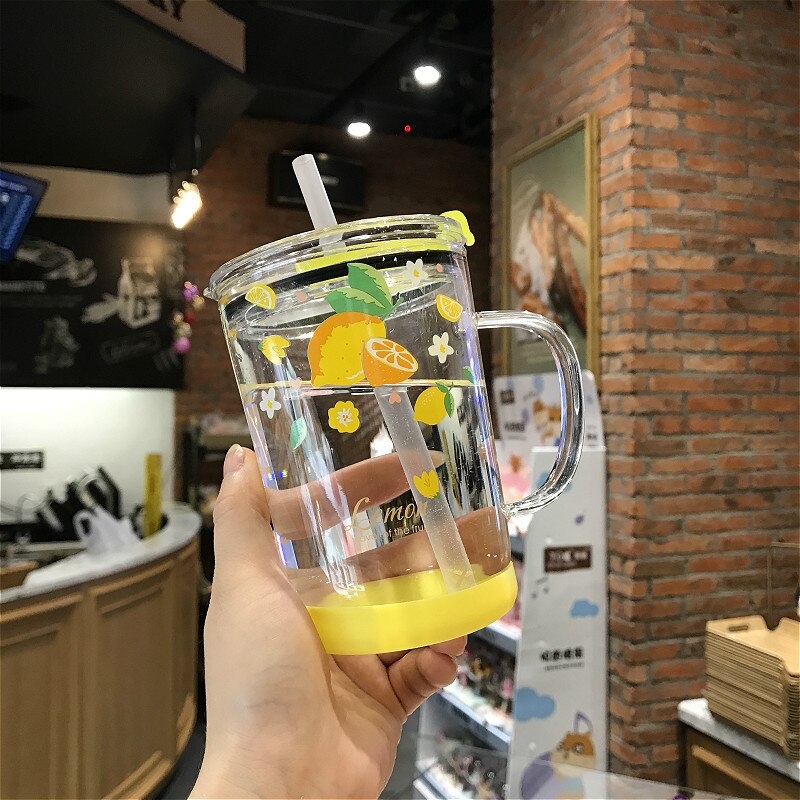 450Ml Aardbei Glazen Fles Stro Water Met Schaal Kawaii Transparante Melk Sap Koffie Thee Cup Mok Voor Kinderen: Lemon