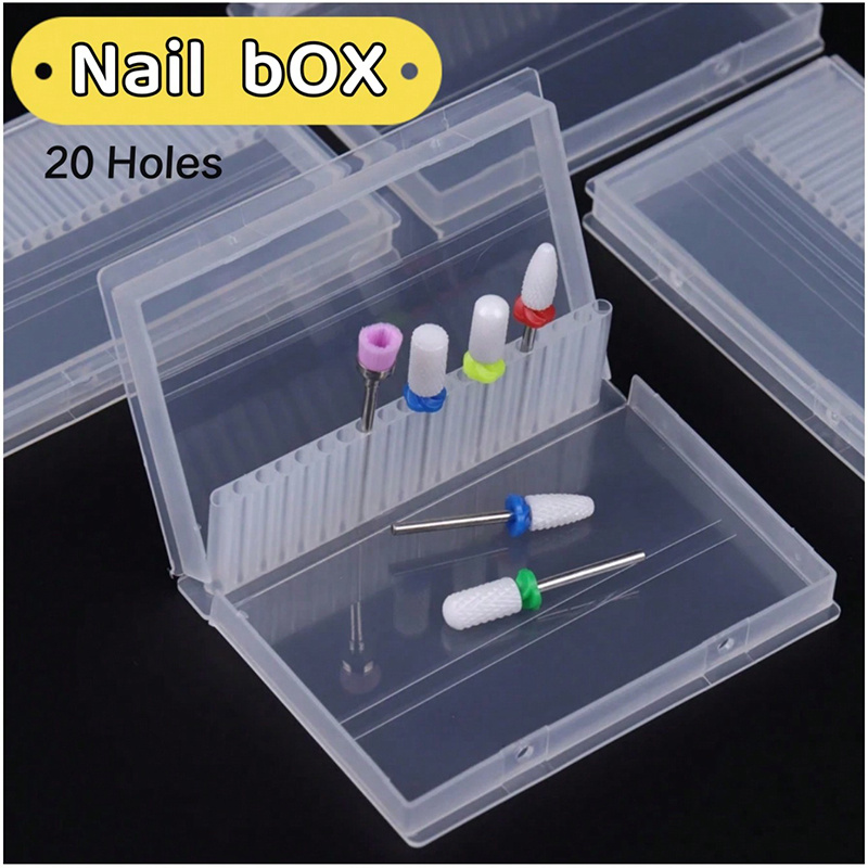 Caixa de armazenamento de brocas para unhas, 20 buracos, suporte para cabeça de moagem de unhas, limpador, cortador à prova de poeira, organizador de manicure