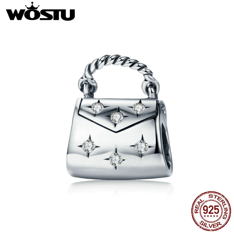 WOSTU 925 Sterling Silver Clear Cubic Zircon Bright Life Handbag Beads Fit For Women Original Brand Bracelet CQC607