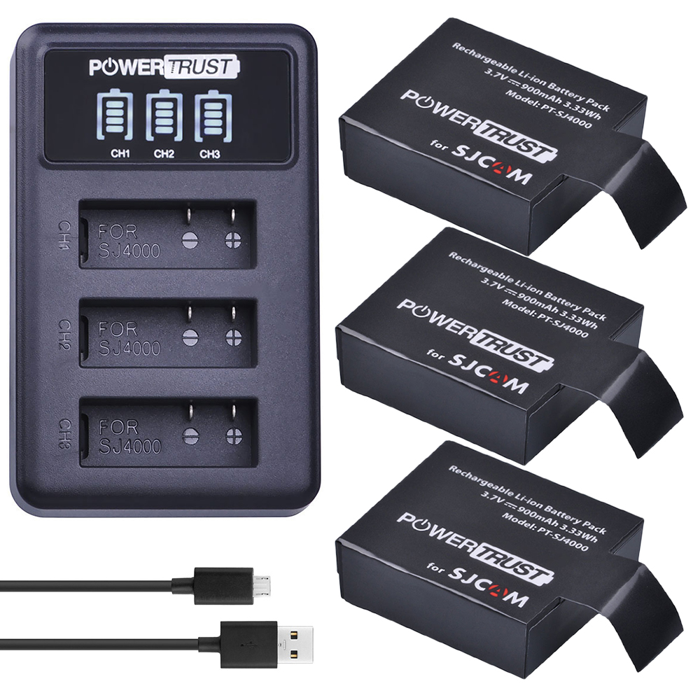 PowerTrust 4x SJ4000 batería PG1050 + LED 3 ranuras cargador USB para SJCAM SJ4000 SJ5000 SJ6000 SJ7000 SJ8000 SJ9000 M10 Cámara de Acción: 3Battery and charger