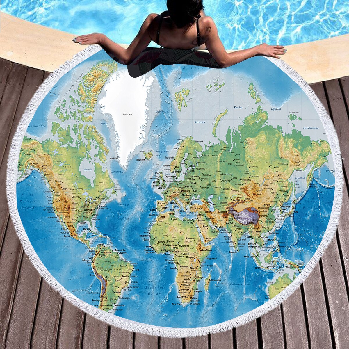 Toalla de Playa Grande con mapa del mundo, toalla redonda gruesa de 600G con borlas, microfibra de 150cm, estera de Picnic, chal, manta para cubrir: Default Title