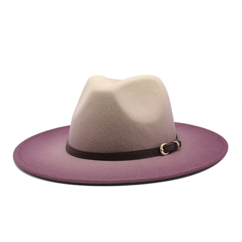 Two-color gradient Wool Felt Fedora Hats with Thin Belt Buckle Men Women Large Brim Panama Trilby Jazz Cap: purple