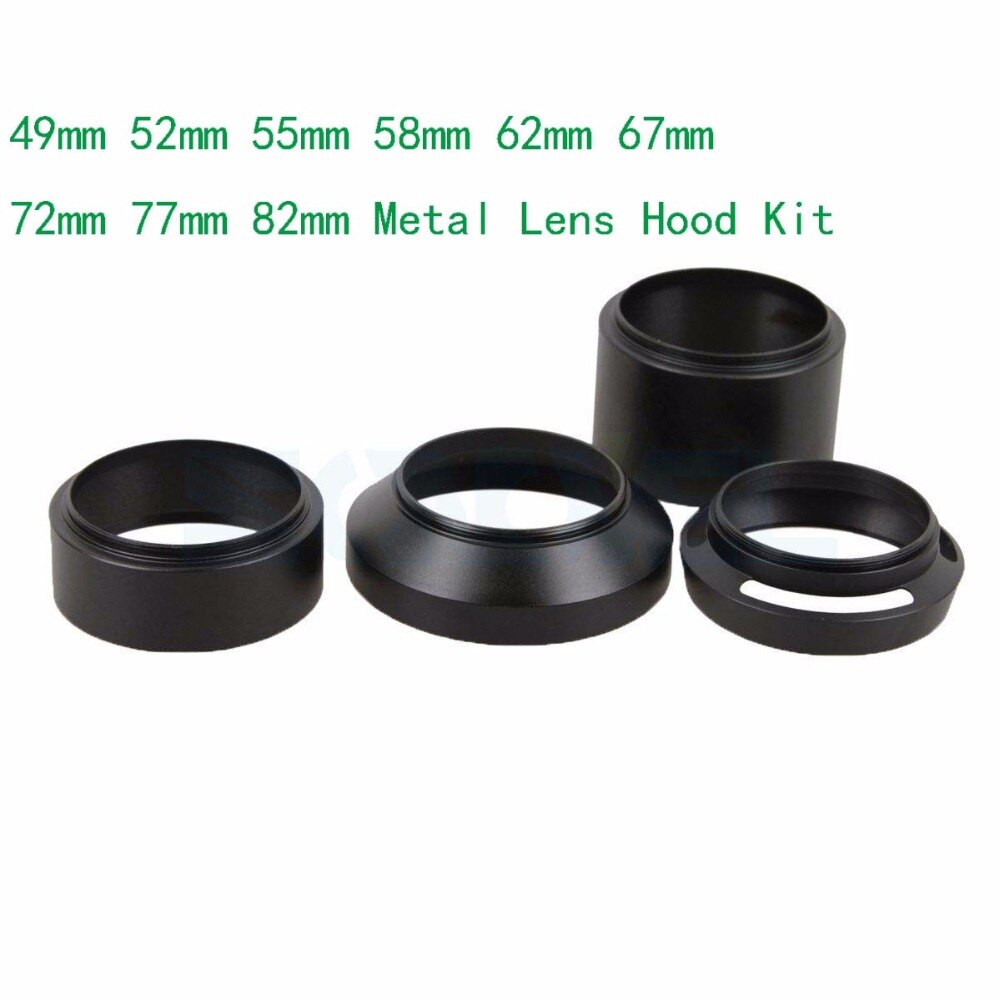 Kit de parasol de lente Universal de Metal, 49mm, 52mm, 55mm, 58mm, 62mm, 67mm, 72mm, 77mm, 82mm, (estándar + teleobjetivo + gran angular + curvado ventilado)