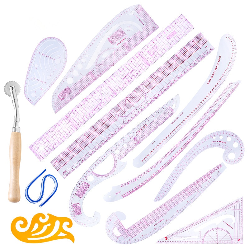 MIUSIE 13pcs Sewing Ruler Line French Curve Ruler Cutting Mat Set Yardstick Sleeve French Curve Cutting Knife Ruler Sewing Tool