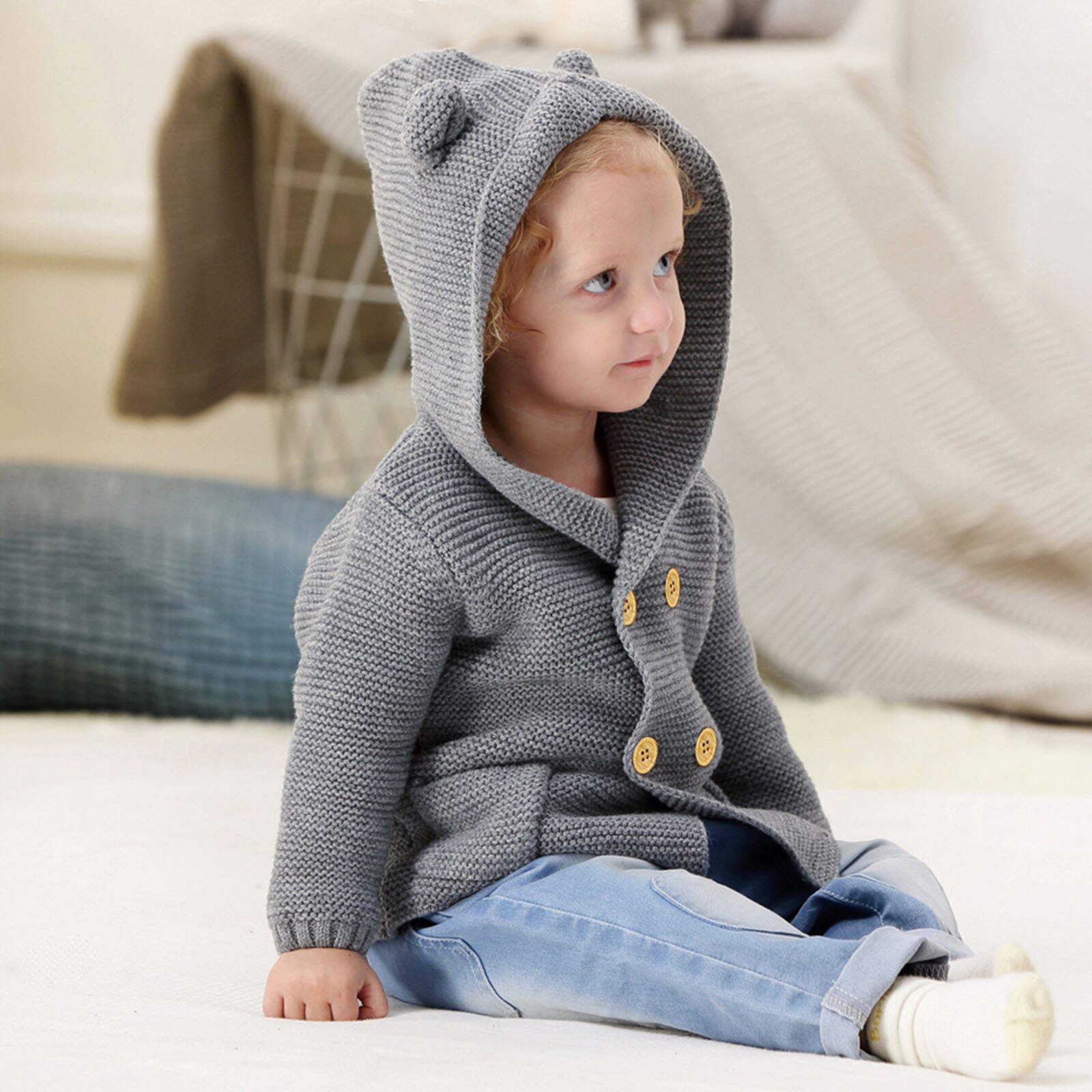 Kids Knitted Cardigan Autumn Children Hooded Sweater Boys Warm Clothing Baby Sweaters Infant Girl Single-breasted Jacket#G30