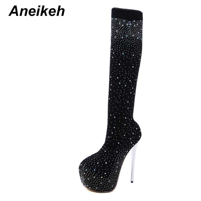 Aneikeh pasarela cristal calcetín de tejido elástico plataformas botas puntiagudas sobre la rodilla 16CM talón muslo alto club nocturno: 36