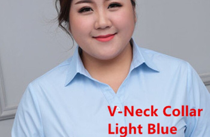 Formal White Blouse Women Plus Size Long Sleeve OL Lady Work Shirts Blue Office Blouses Ladies Extra Large 5XL 6XL 10XL 130KG: Light Blue V-NECK / 4XL