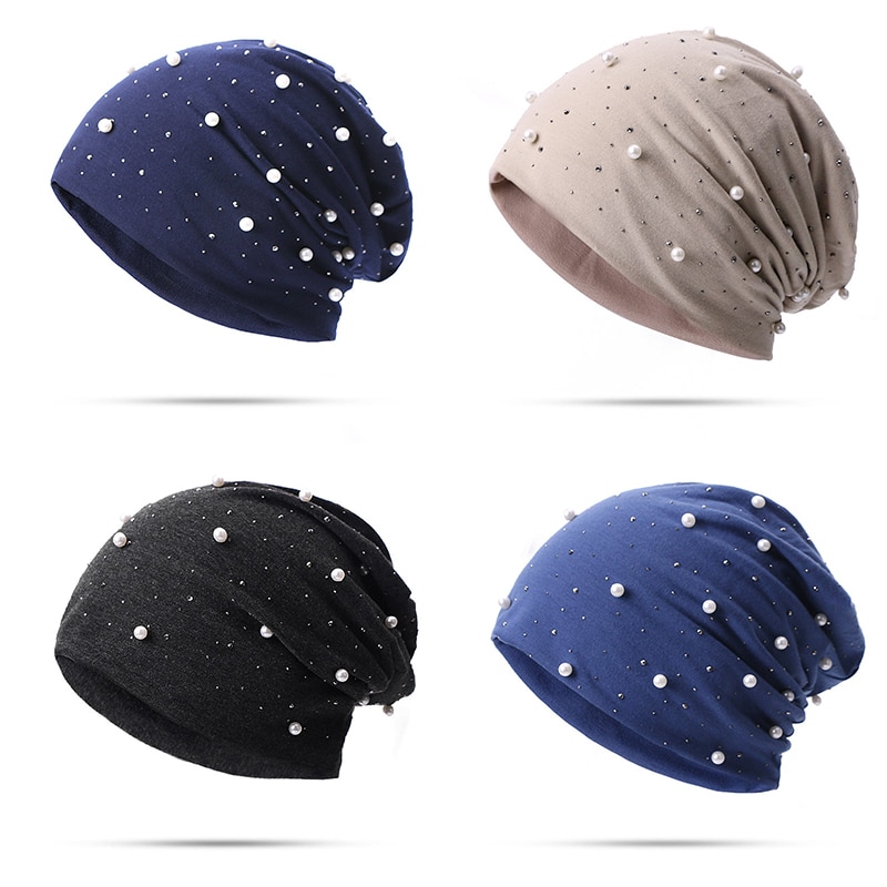 Soft Cotton Autumn Spring Beanie Hats Women Girls Pearl Rhinestones Warm Skullies Caps Turban Bonnet Hat Female Ladies