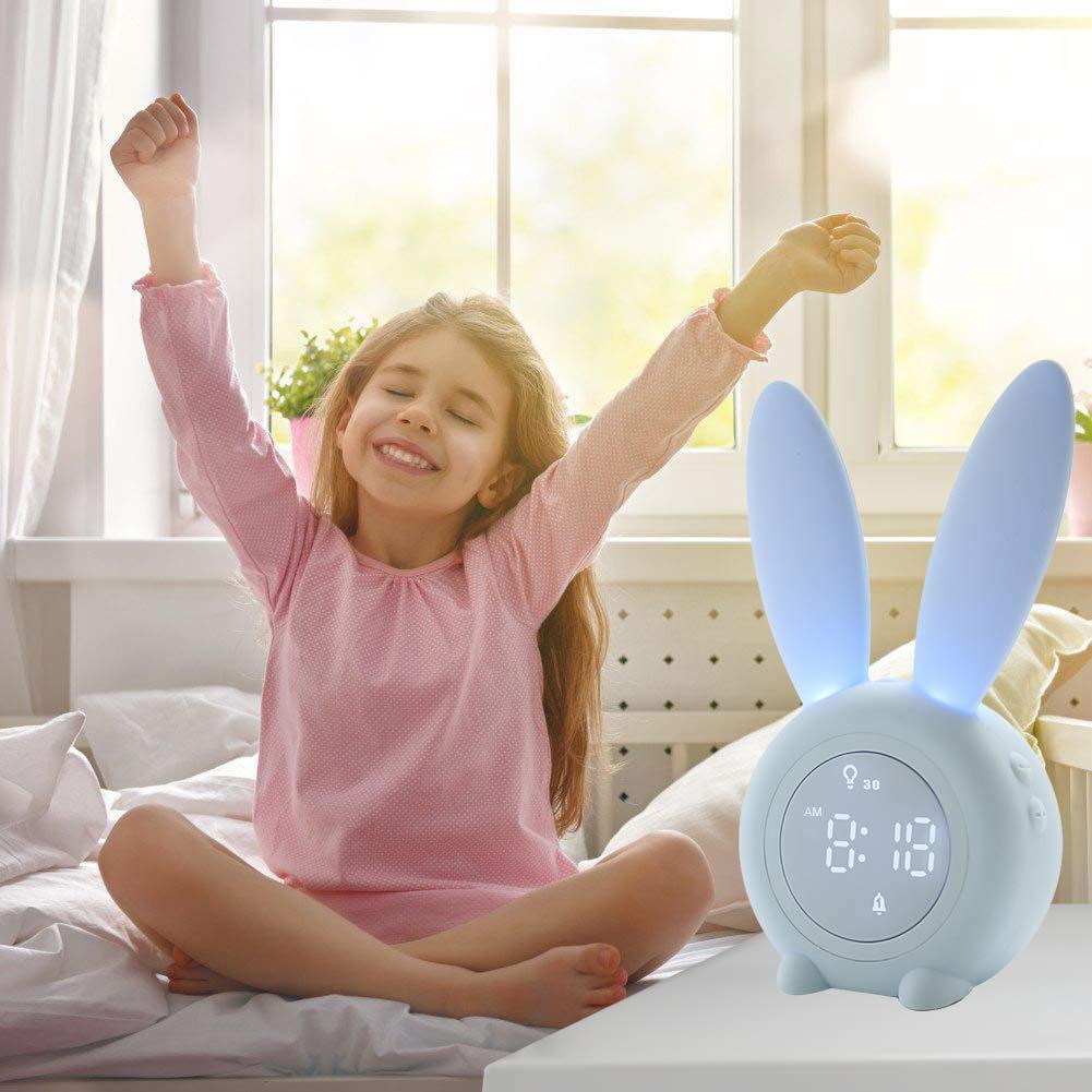 Reloj despertador de conejito de dibujos animados para niños, reloj despertador para dormir, luz nocturna recargable con Control de 6 opiniones, temporizador de sueño con termómetro Digital