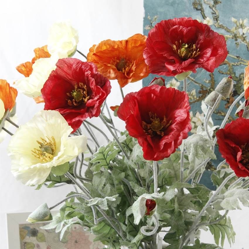 5 pièces artificielle grande fleur de coquelicot avec feuilles fleurs artificielles pour automne automne maison fête décoration couronne fausses fleurs de soie