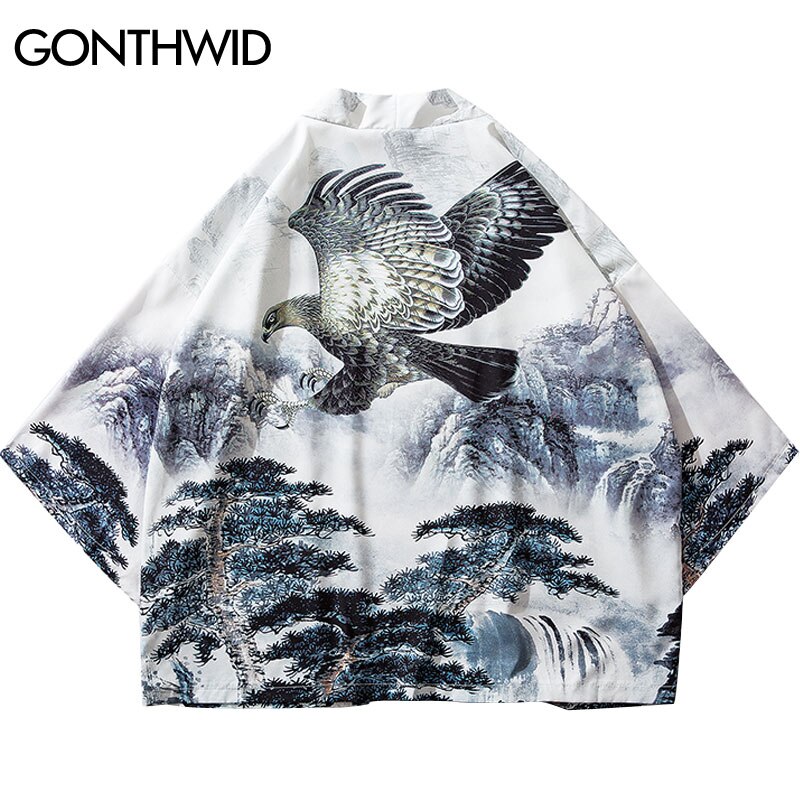 Gonthwid japanilainen tyyli kotka vuori mänty kuvio kimono neuletakki haori takit katuvaatteet harajuku rento avoin etutakki