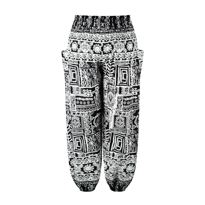 Men Thai Harem Pants Casual Trousers Loose Elastic Waist Vintage Print High Waisted Beach Pants Unisex Women Drawstring: D101799