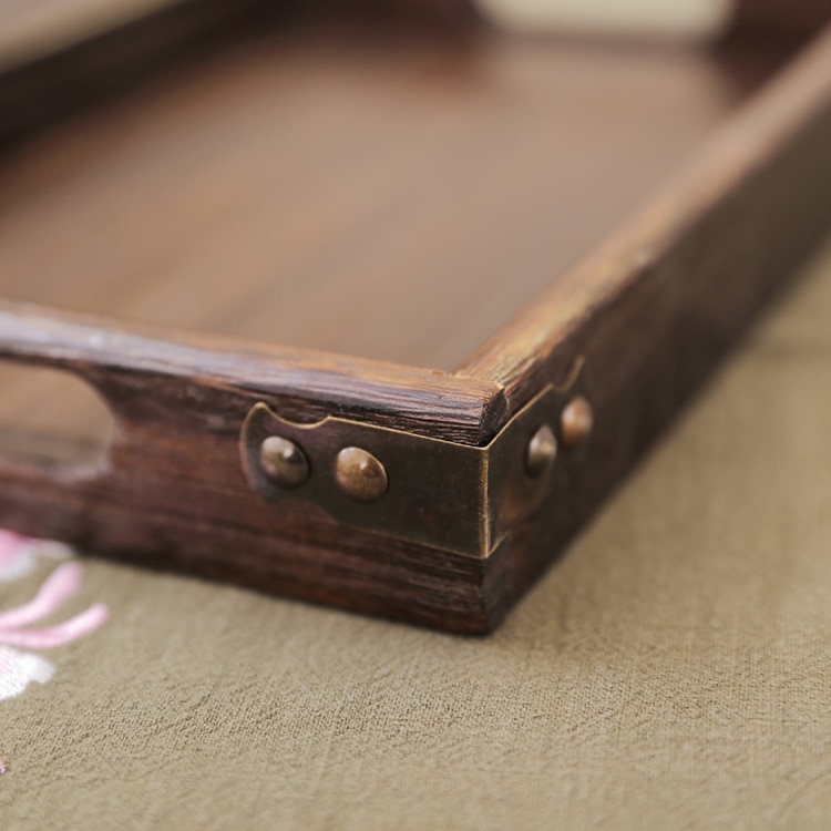 Japanese Style Paulownia Wood Serving Tea Tray Fruit or Food Tray Metal Edge Rectangular Solid Wood