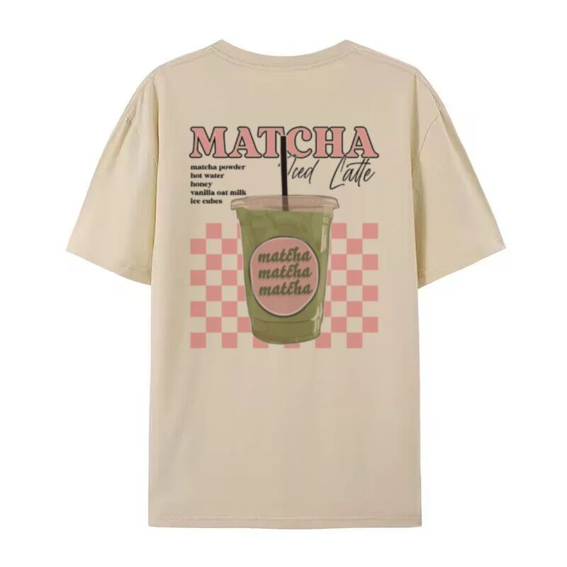 Y2k Esthétique Matcha Latte Dos Imprimé T-Shirt Mignon Matcha Amant T-Shirt Egirl Lâche Rétro Haut Femmes Vêtements De: L / Kaki