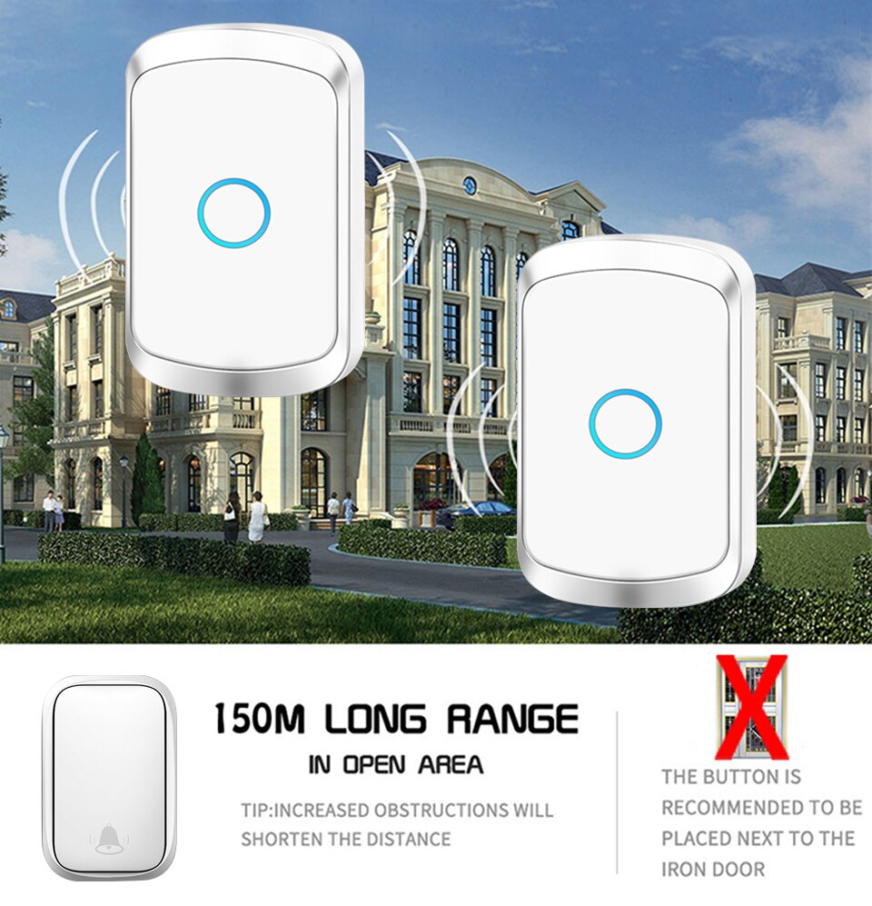 Self-powered Waterproof Wireless Doorbell with No Battery EU US UK Plug Cordless Home Door Bell 1 button 5 Receivers 60 Chimes