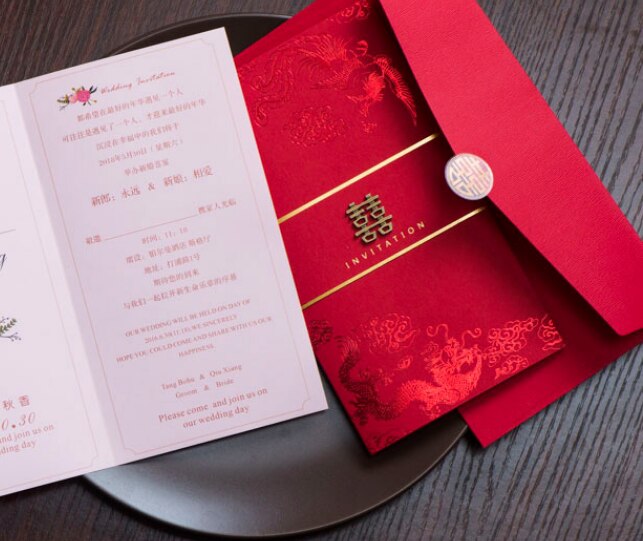 30 pcs Chinese Double Happy Lette Bride And Groom Wedding Invitation Mandarin Duck Dragon Party Invitations With Envelopes LF704: style2 with envelope