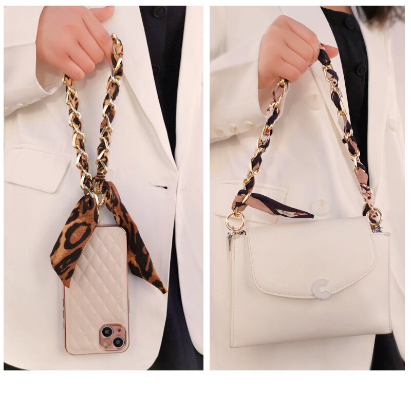 Leopard Print Silk Scarf Chain Hand Lanyard Plush Strap Mobile Phone Wrist Strap Anti-lost Lanyard Strap bag Anti-lost Lanyard