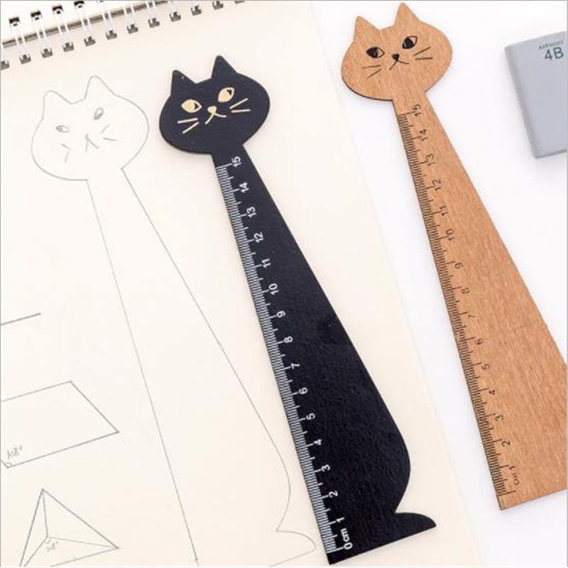 15cm Verse Snoep Kleur Leuke Kat Houten Liniaal Meten Rechte Ruler Tool Relatiegeschenk Briefpapier