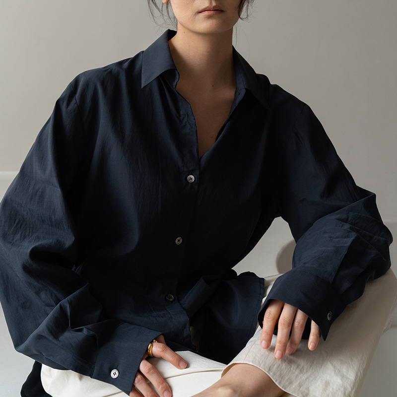 Spring Cotton Long Sleeved White Shirt Women Simple Blouse Office Ladies Lapel Casual Loose Tops Cardigan: S / Beige