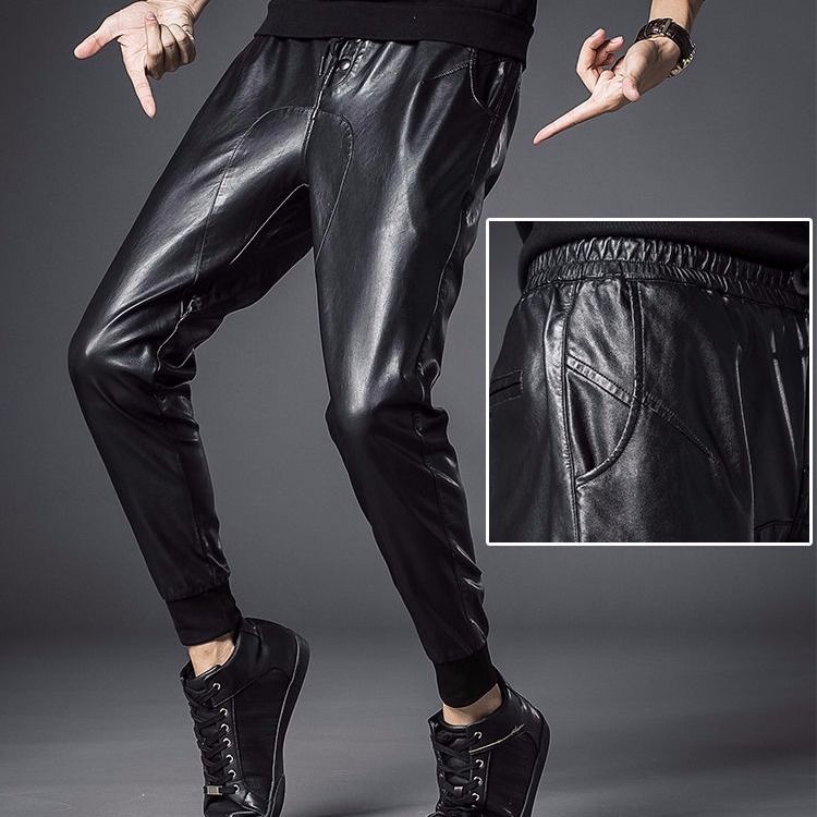 Idopy Men`s Faux Leather Joggers Pants Elastic Waist Motorcycle Biker Black PU Leather Soft Trousers