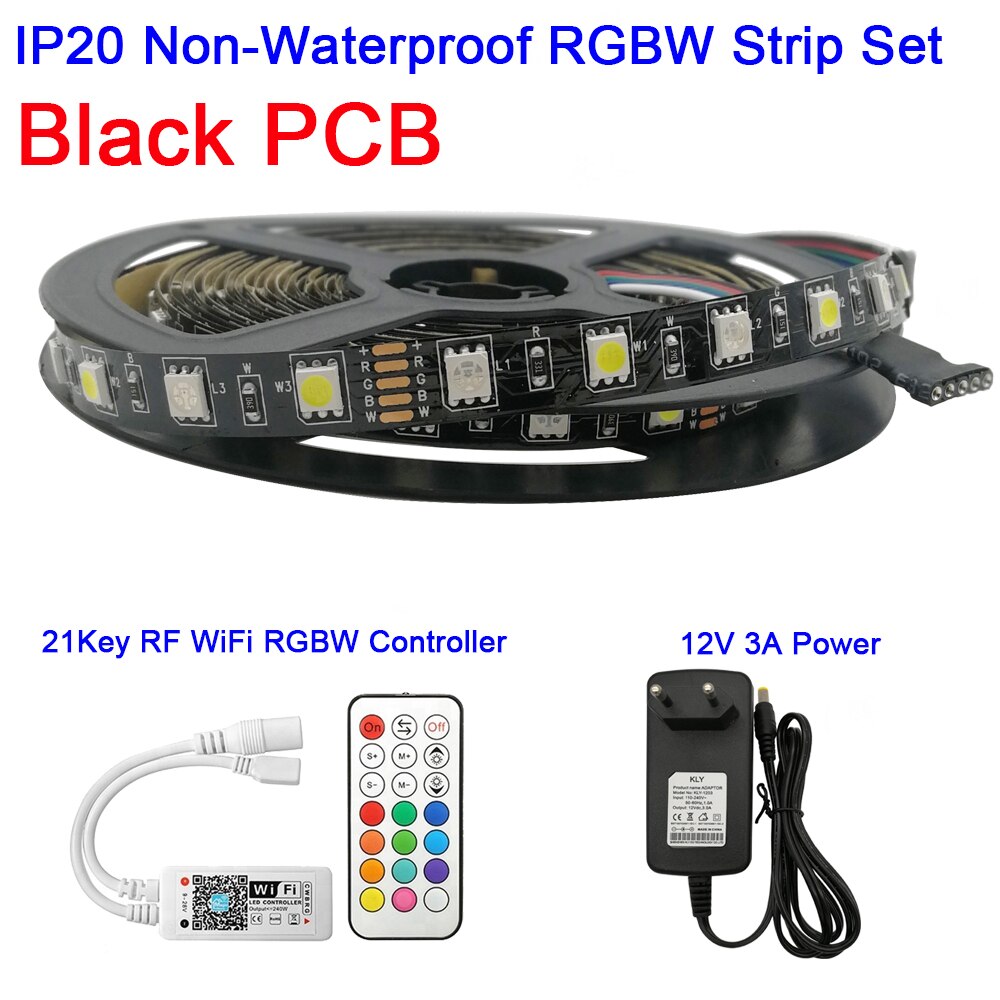 12V 5050 Rgbw Rgbww Led Strip 60Leds/M 5M Met Mini 21Key Rf Wifi Afstandsbediening alexa Google Voice Control + Voeding: Black PCB IP20 Set / RGB Warm White