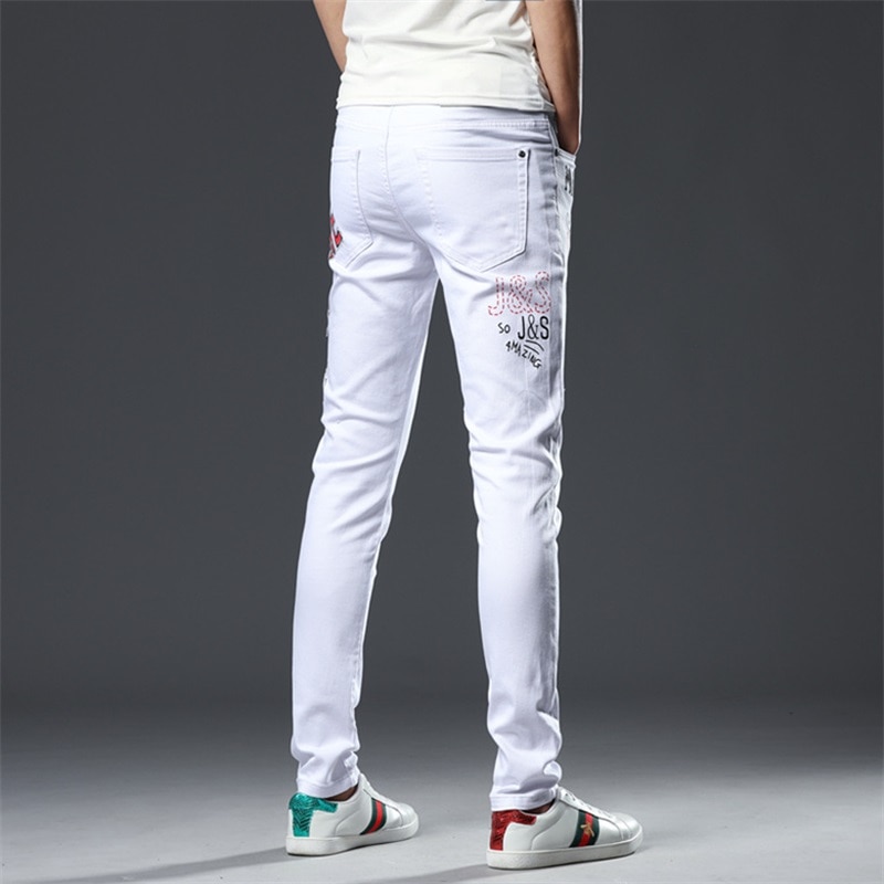 Spring jeans mænd 100%  bomuld bogstav print pasform slim pencil bukser ripped klassiske hvide jeans mænd  #209