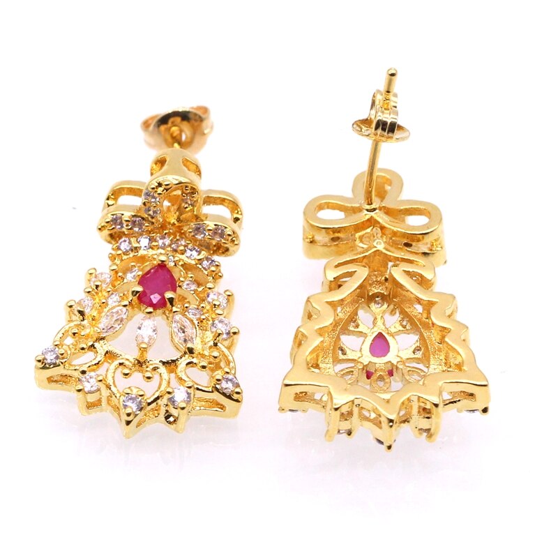 Luxury Female Costume Jewelry Set for Women Yellow Gold Color Red Green Zircon Necklace Earrings Wedding Set