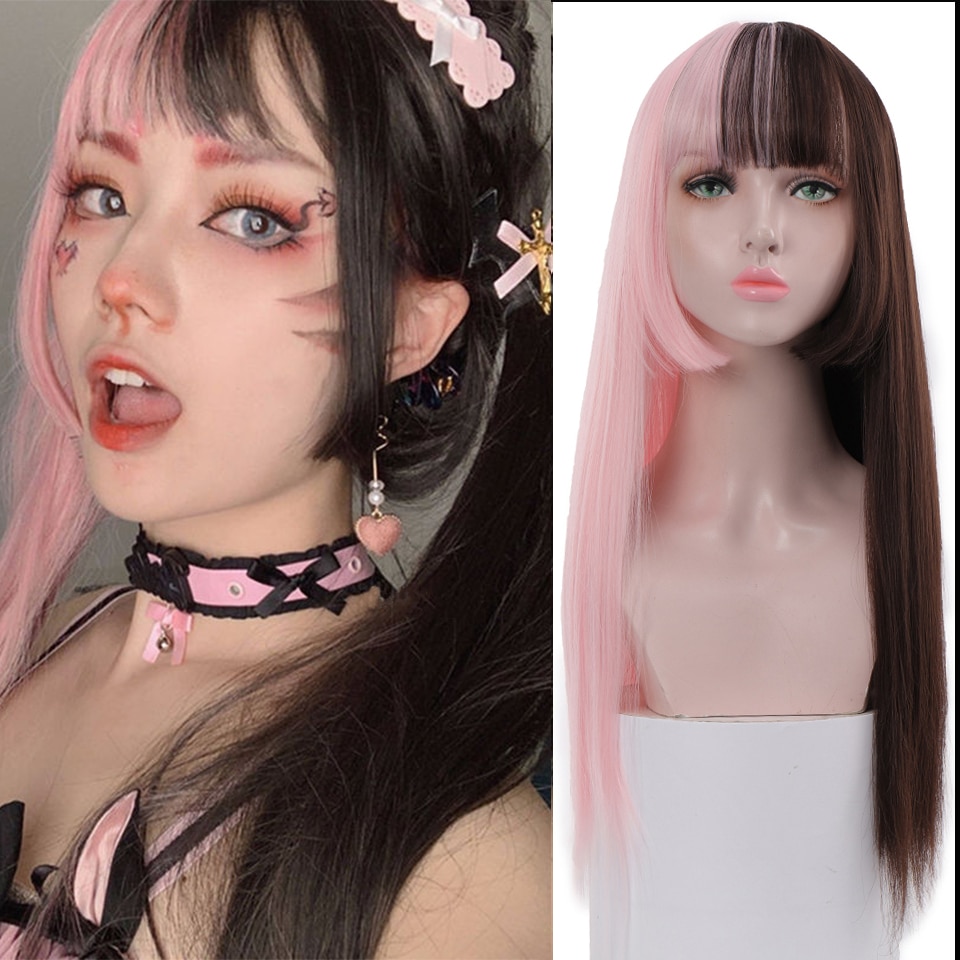Shangke Vrouwen Lange Rechte Pruiken Zwart Paars Blond Roze Lolita Pruiken Met Pony Cosplay Halloween Synthetische Pruik Gratis