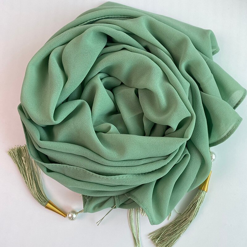 1 Pc Bubble Chiffon Solider Kleur Sjaal Lange Soft Wrap Sjaal Sjaals Femme Bufandas Kralen Parels Hijaabs Kwastje Sjaal: color 9