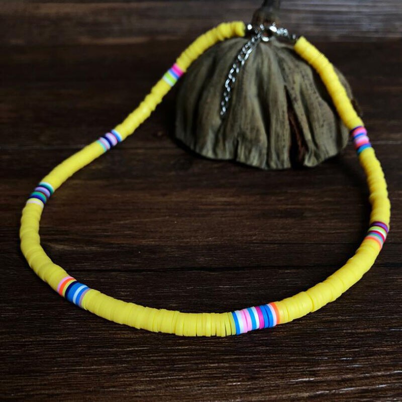 Collier en argile polymère fait à la main, poterie douce, ras du cou, perles de surfeur colorées, bijoux pour femmes: Yellow