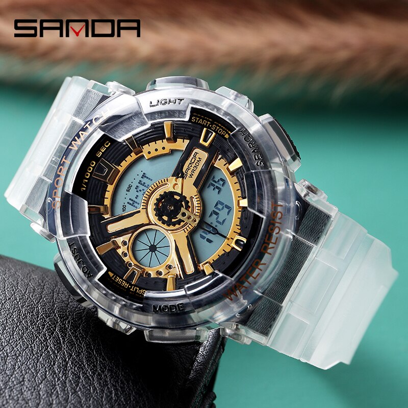 SANDA montre hommes et femmes montres transparentes étanche multi-fonction lumineux sport Double affichage Couple montre électronique
