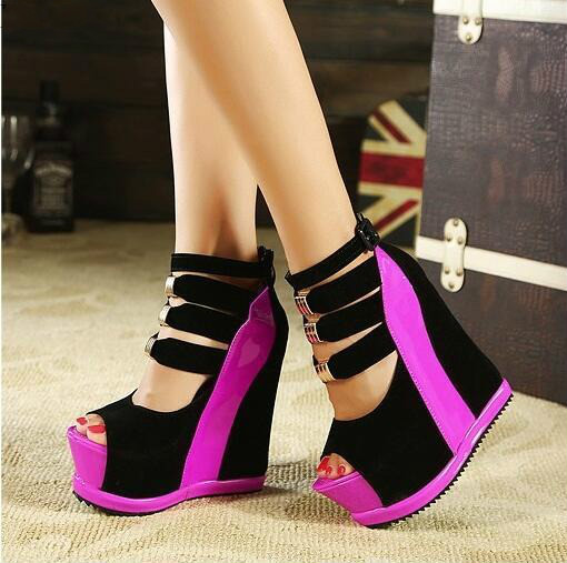 Kvinna skor sommar äkta kvinnor plattform tjocka sulor sandaler kilar högklackat 14cm peep toe blandade färger sexiga skor