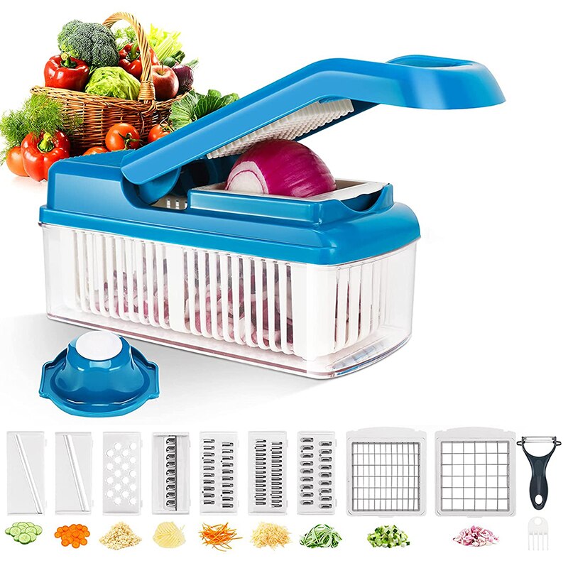 Multifunctional Vegetable Cutter Mandoline Slicer 8 Blades Vegetable Choppers With cut-resistant Gloves Onion Potato Slicer Dice: Blue M