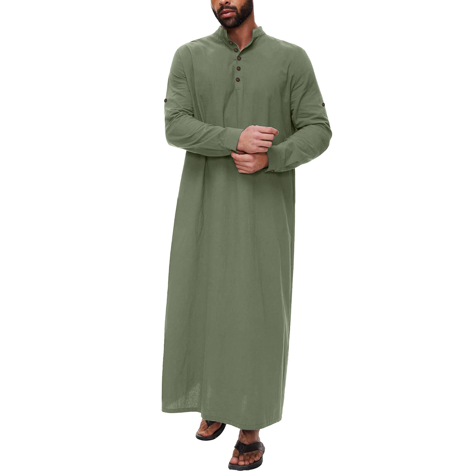 Arabisch Katoen Linnen Lange heren Abaya Moslim Zakken Jubba Thobe Islamitische Donderdag Effen Kleur Volwassen Gewaad Musulmans Homme S-XXXL: M / Bruin