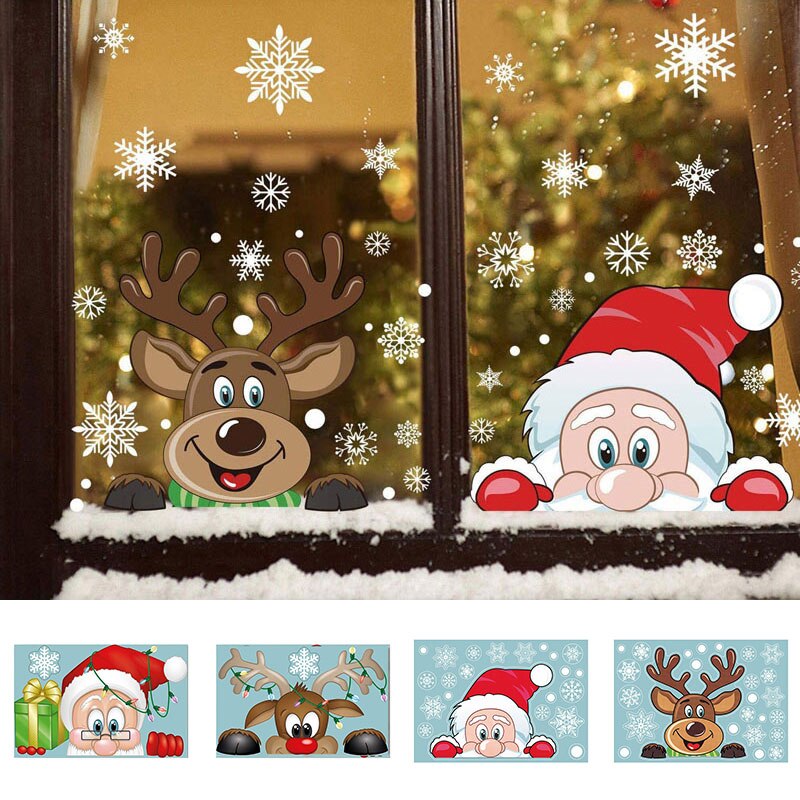 1Pc Kerst Kerstman Elk Pvc Statische Sticker Verfraaien Thuis Windows Leuke Sneeuw Vlok Muursticker Jaar Party Glas stickers
