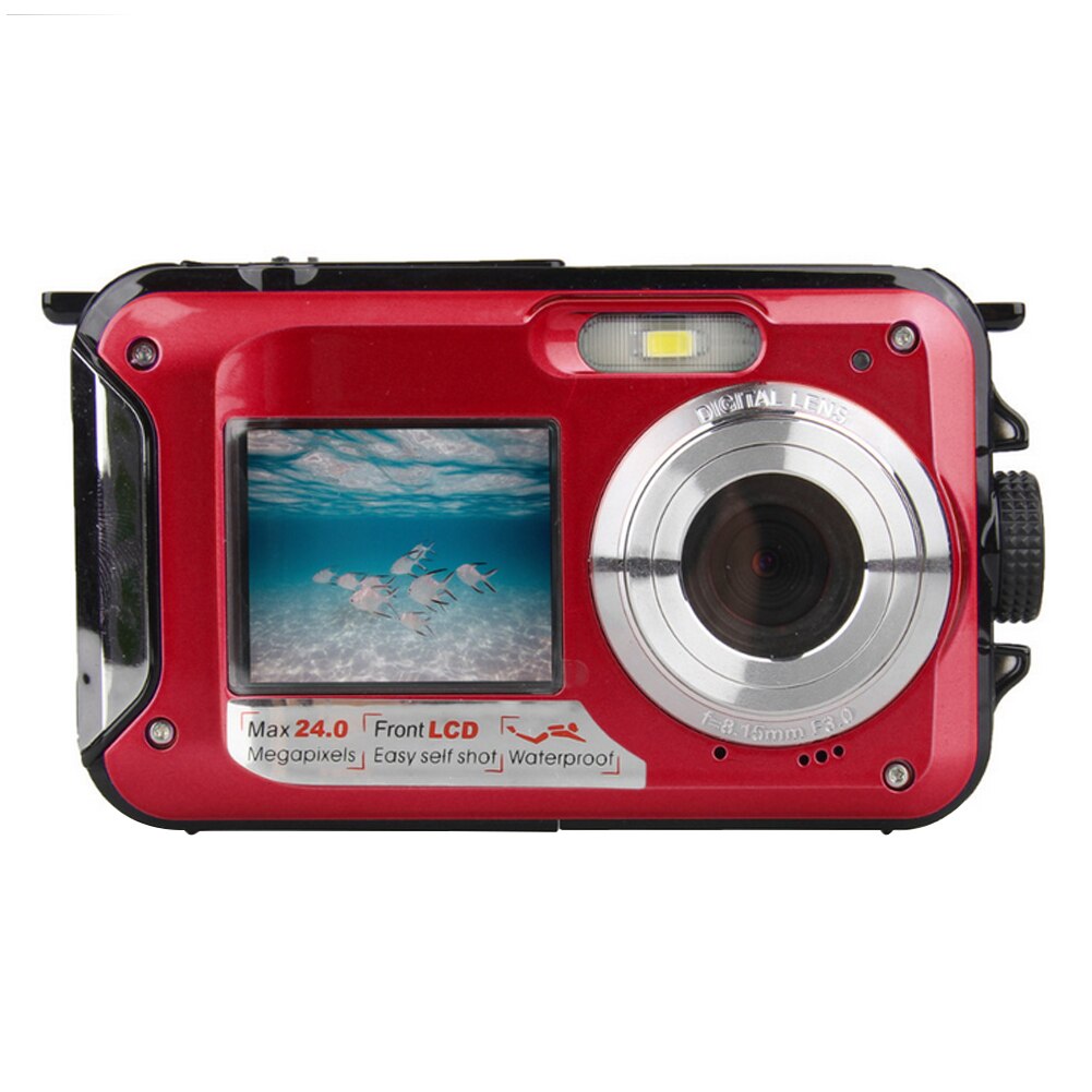 Waterproof Digital Camera 1080P HD 2.4MP Dual Screen Underwater DV Recorder Selfie Video Recorder for Swimming: Red