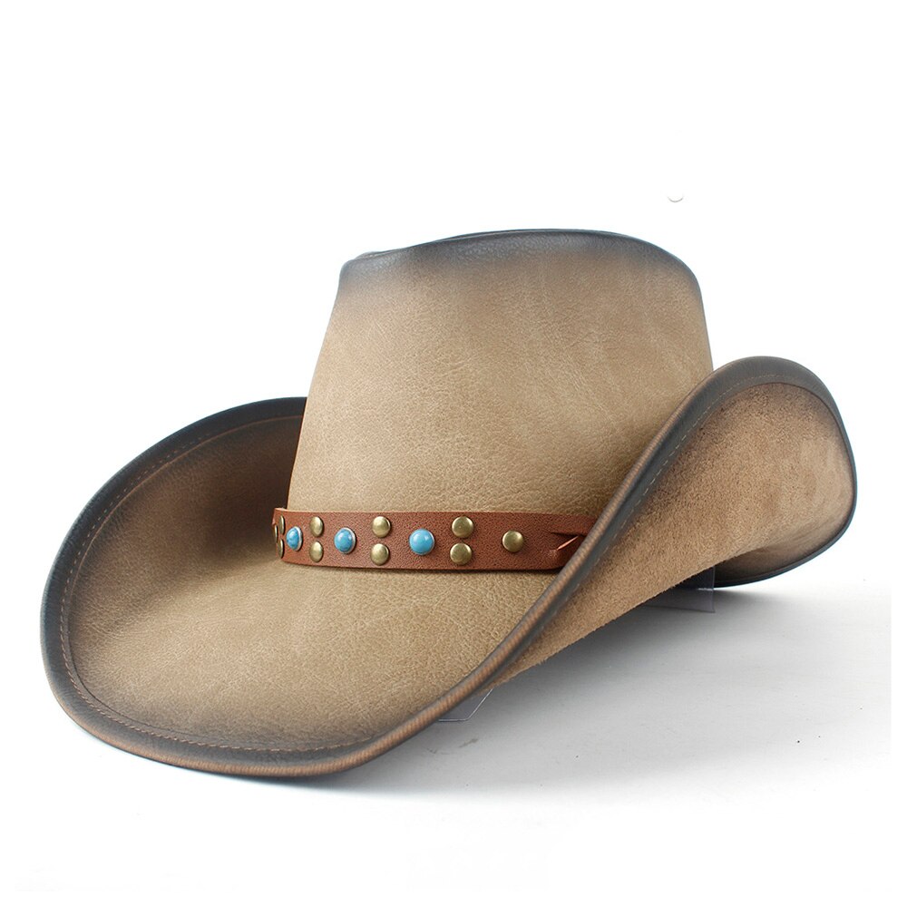 Retro Unisex Western Cowboy Wide Brim Hat With Punk Band Leather Sombrero Cowgirl Hat