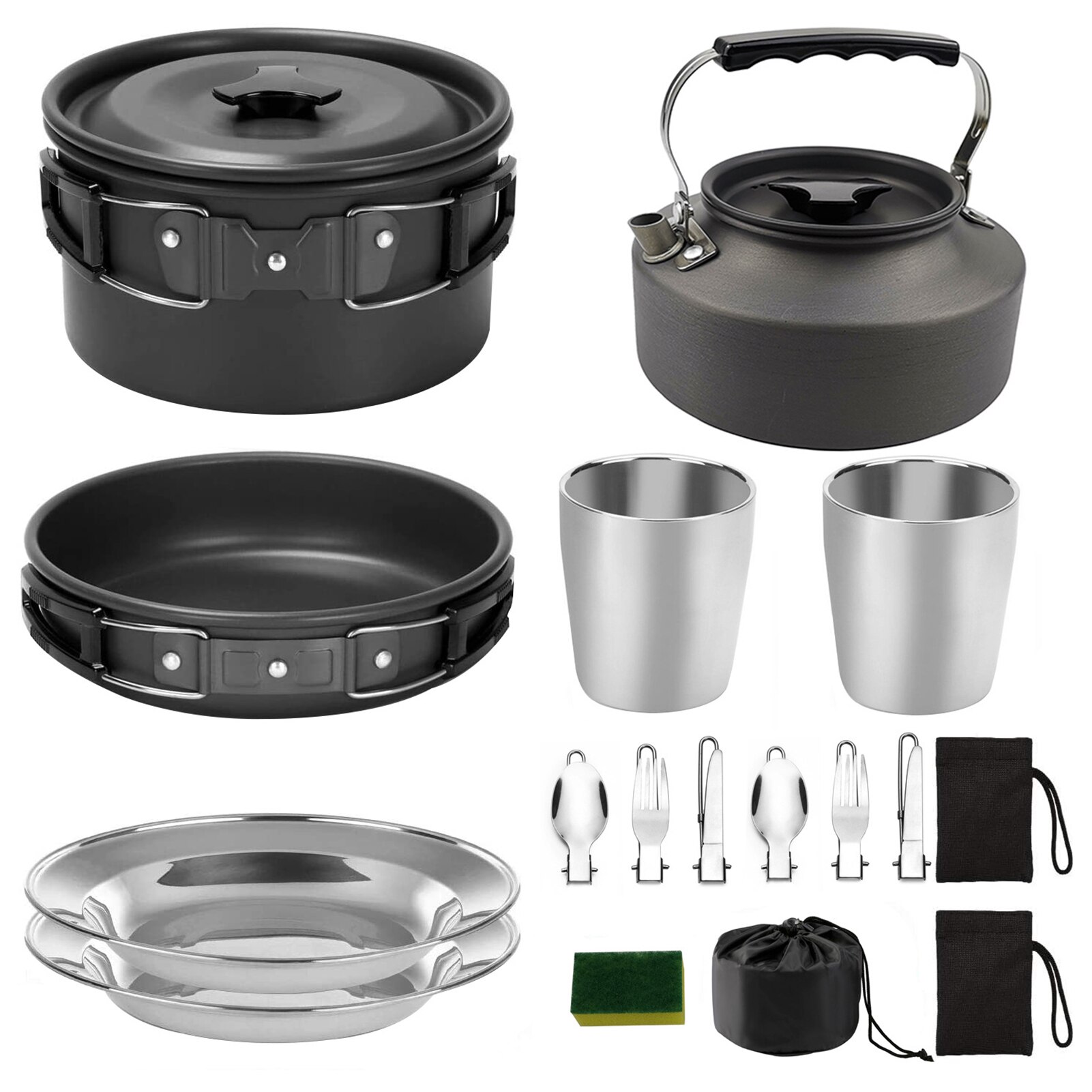 13pcs Outdoor Camping Cookware Set Marching Utensils Tableware Cooking Stove Kit Travel Pan Hiking Picnic Camping Tools: Black