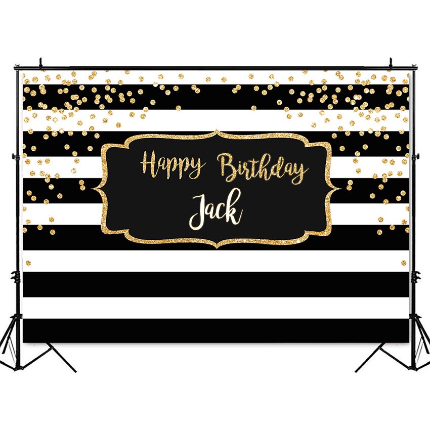 Witte En Zwarte Streep Goud Glitter Gelukkige Verjaardag Party Achtergrond Voor Fotografie Kinderen Custom Poster Banner Photo Achtergrond