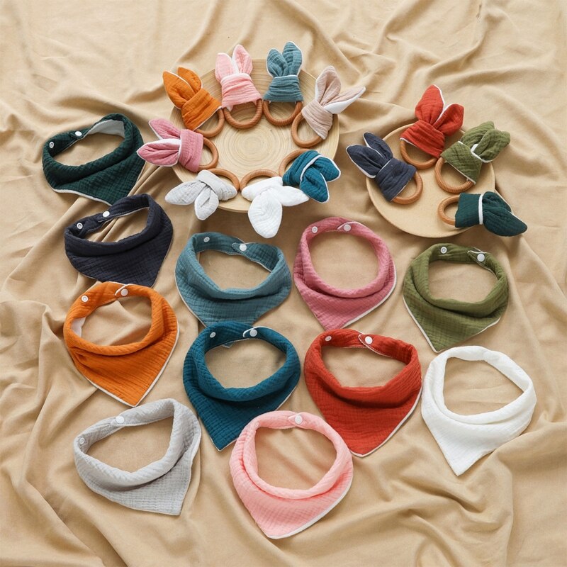 2 Stks/set Baby Jongen Meisje Speeksel Tissue Molars Ring Houten Bijtring Set Katoenen Mousseline Slabbetjes Effen Kleur Burp Doek Driehoekige sjaal