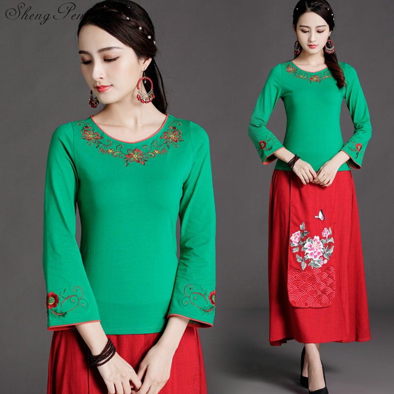 Cheongsam topp traditionella kinesiska kläder för kvinnor långärmad plus storlek 6xl skjorta bomull vintage kläder topp blus  v1745