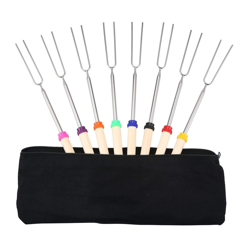 8PC Stainless Steel Barbecue Fork Adjustable Wooden Handle BBQ Marshmallow Roasting Stick Extending Roaster Telescoping BBQ Tool