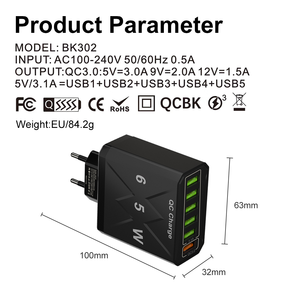 65w mobiele telefoons 6 poorten snellader usb-oplader snellaadadapter 6-- in- -1 qc3.0 us eu-kr-stekker snellader voor iphone