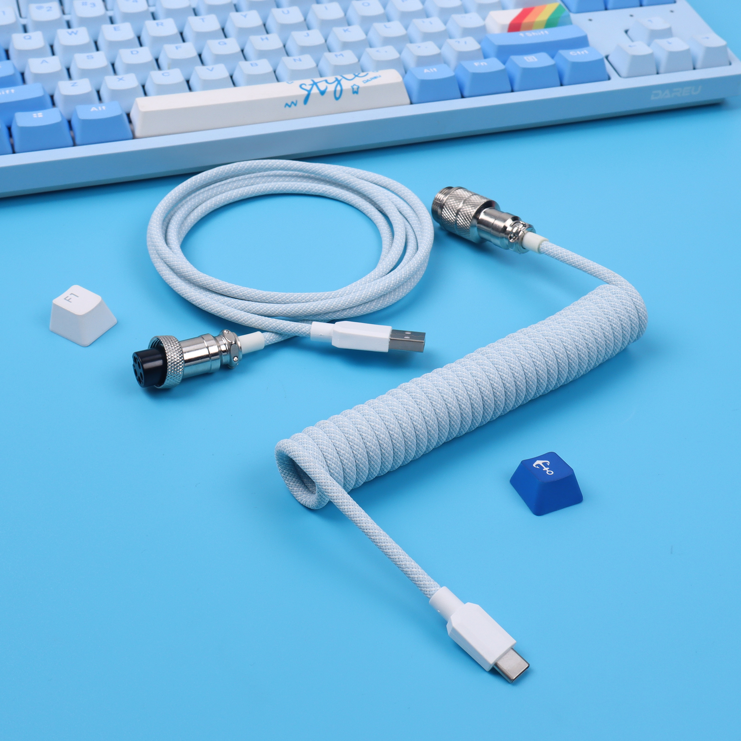 Lano 8 farvevalg macaron spiralkabel type-c til usb mekanisk tastatur data spiralkabel ledning med  gx16 luftfart: Blå