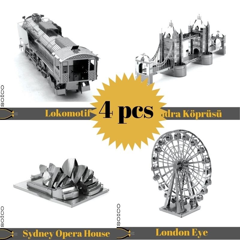 4'Lu Set Soico 3D Model Metal Model Kits Locomotive Gumus Color, London Eye Gumus Color, sydney Opera House Gumus Color v