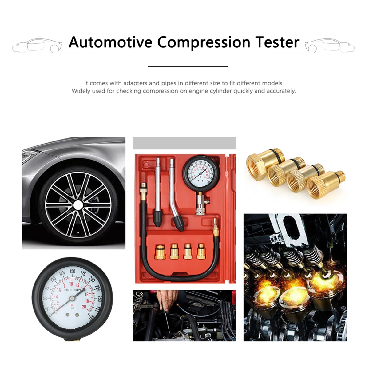 Multi-function Gasoline Engine Compression Tester Auto Petrol Gas Engine Cylinder Pressure Gauge Tester 0-300psi